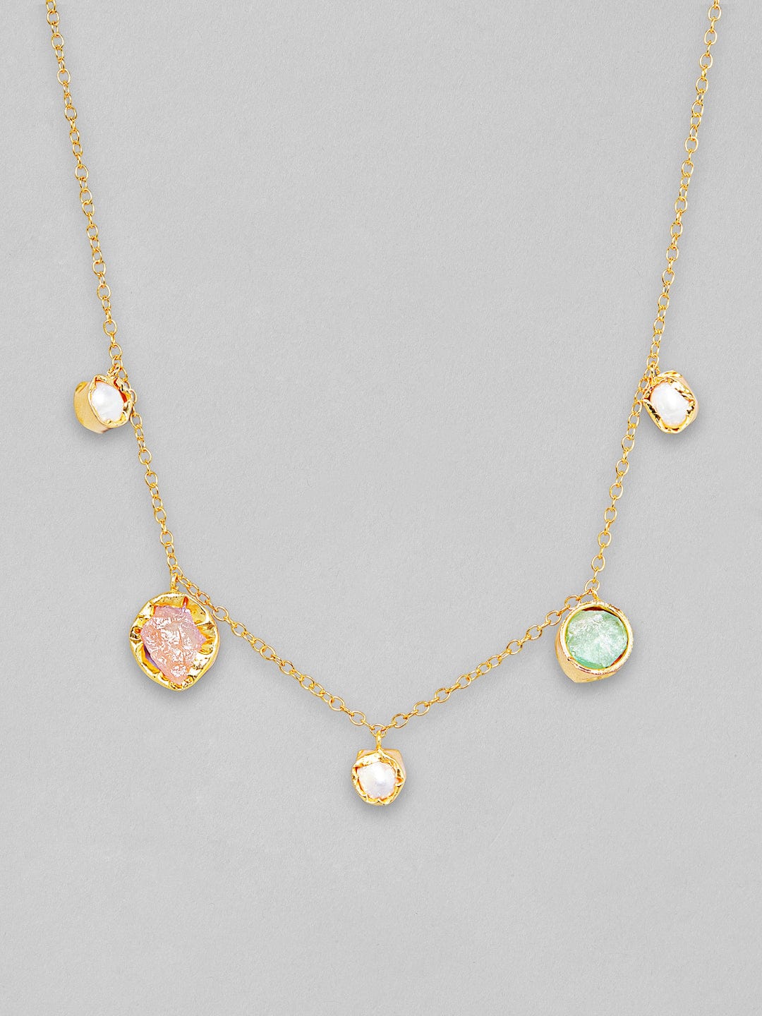 Rubans Voguish 18K Gold Plated On Copper Handcrafted Chain With Uncut Stones And Pearls Charms Necklace.