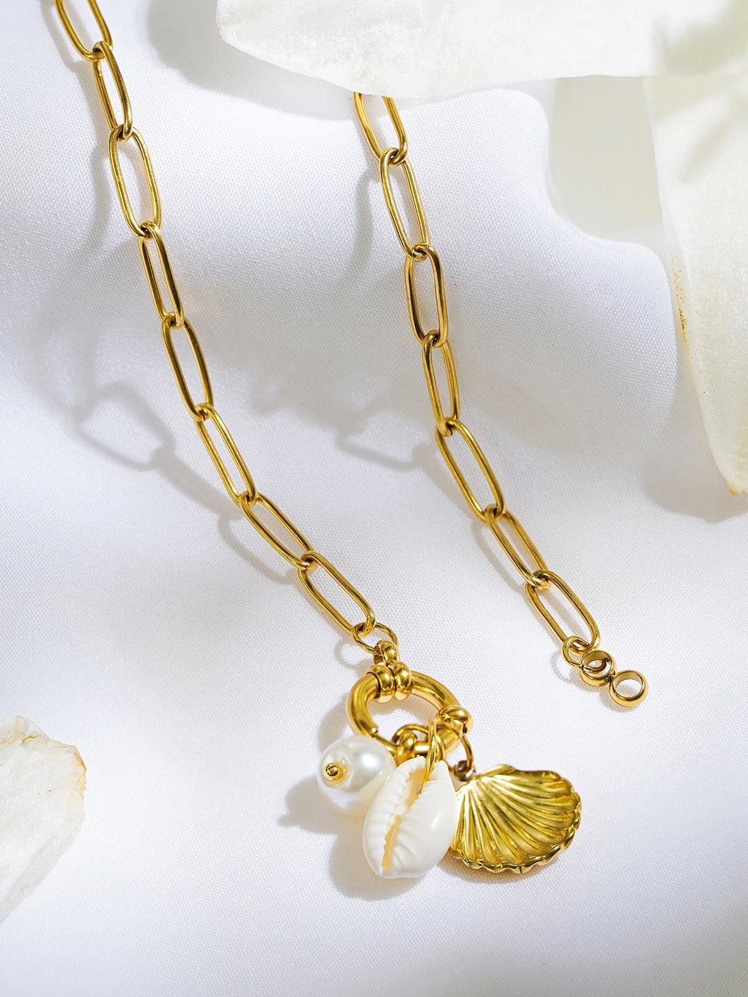Rubans Voguish 18K Gold-Plated Shell Charm Link Necklace with White Beads & Pearl Accents