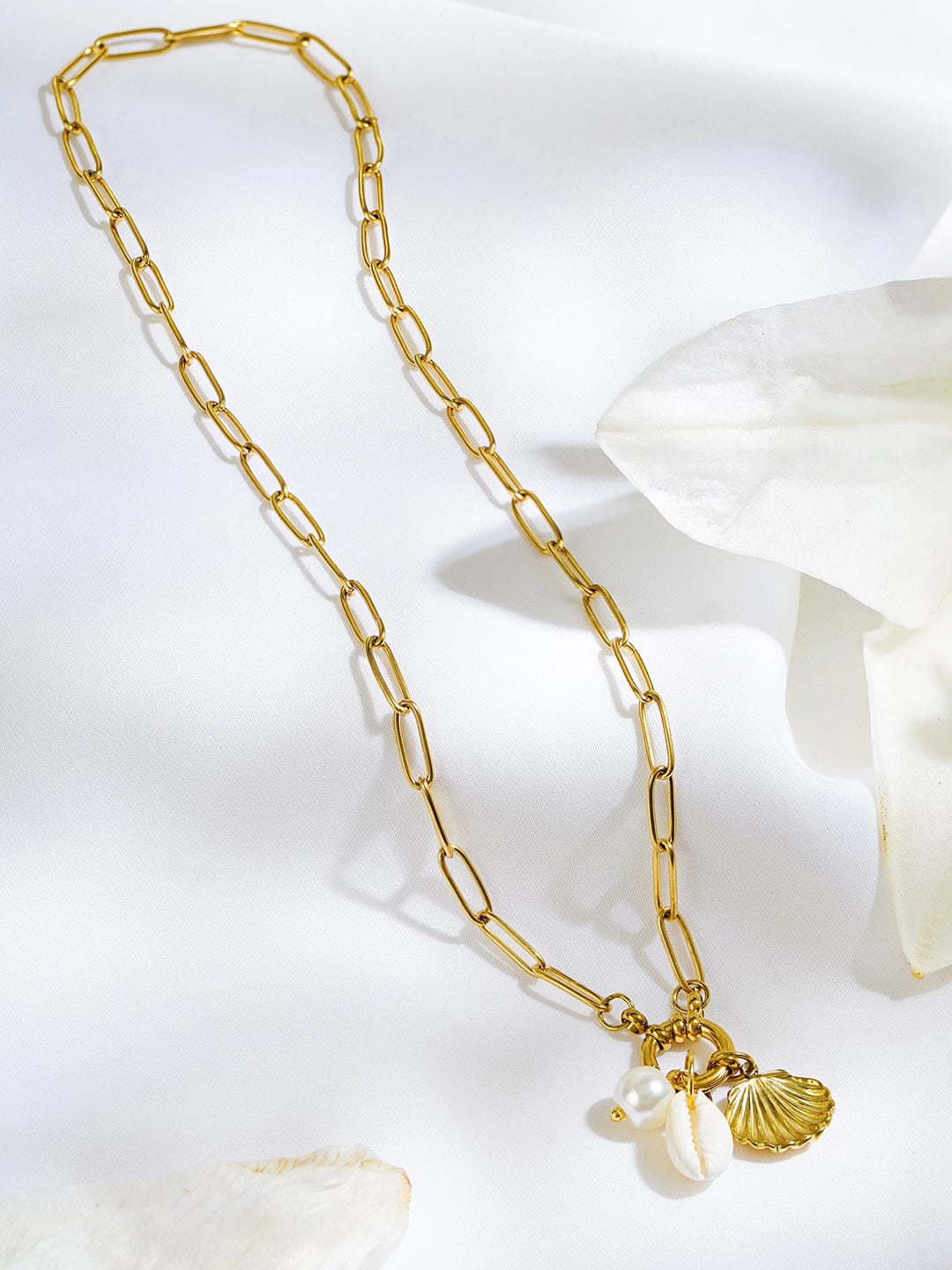 Rubans Voguish 18K Gold-Plated Shell Charm Link Necklace with White Beads & Pearl Accents