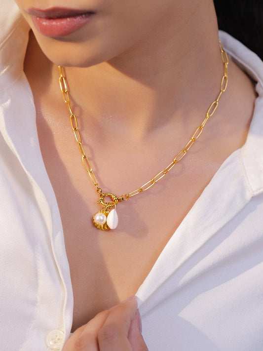 Rubans Voguish 18K Gold-Plated Shell Charm Link Necklace with White Beads & Pearl Accents