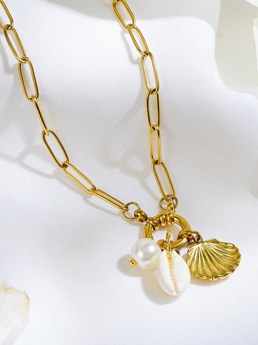 Rubans Voguish 18K Gold-Plated Shell Charm Link Necklace with White Beads & Pearl Accents