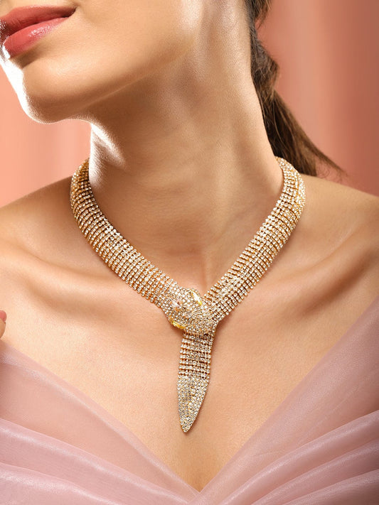 Rubans Voguish 18K Gold Plated Sparkling Zirconia Studded Serpent-Style Statement Necklace