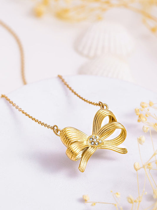 Rubans Voguish 18K Gold Plated Stainless Steel Tarnish-Free Waterproof Bow Pendant Necklace