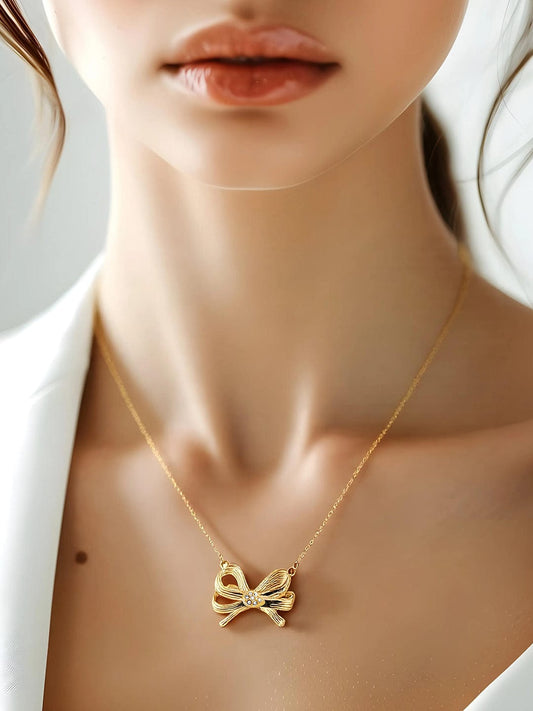 Rubans Voguish 18K Gold Plated Stainless Steel Tarnish-Free Waterproof Bow Pendant Necklace