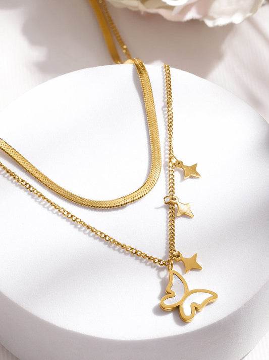 Rubans Voguish 18K Gold-Plated Stainless Steel Tarnish Free Waterproof Butterfly & Star Pendant Layered Necklace