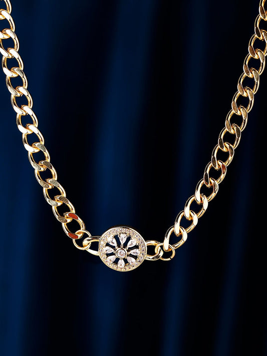 Rubans Voguish 24K Gold Plated Cuban Link Chain Necklace with CZ Studded Floral Pendant