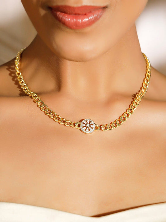 Rubans Voguish 24K Gold Plated Cuban Link Chain Necklace with CZ Studded Floral Pendant