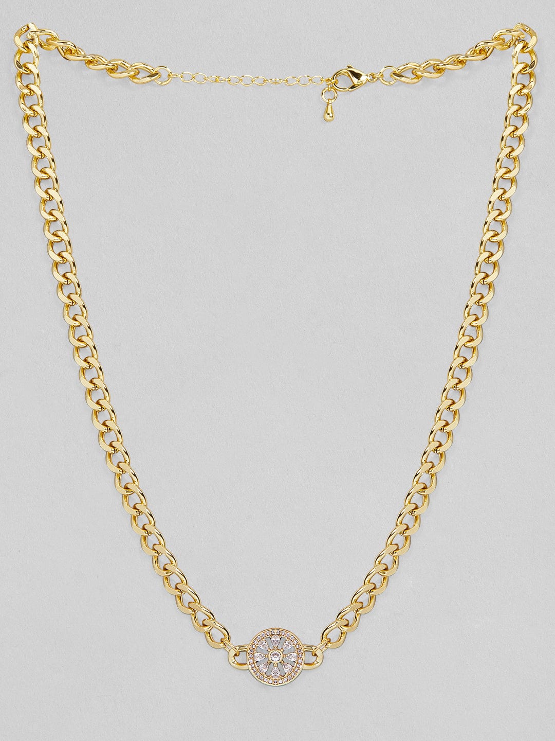 Rubans Voguish 24K Gold Plated Cuban Link Chain Necklace with CZ Studded Floral Pendant