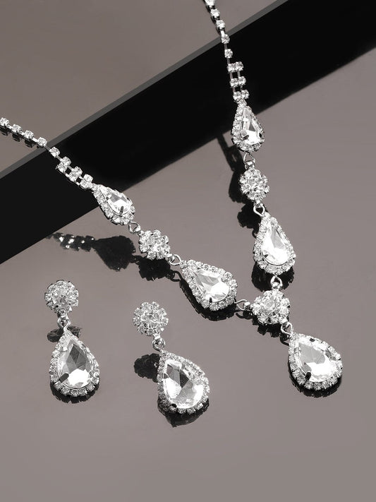 Rubans Voguish Rhodium Plated Crystal Studded Statement Pendant Necklace Set