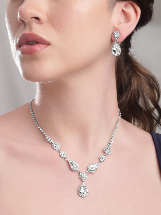 Rubans Voguish Rhodium Plated Crystal Studded Statement Pendant Necklace Set