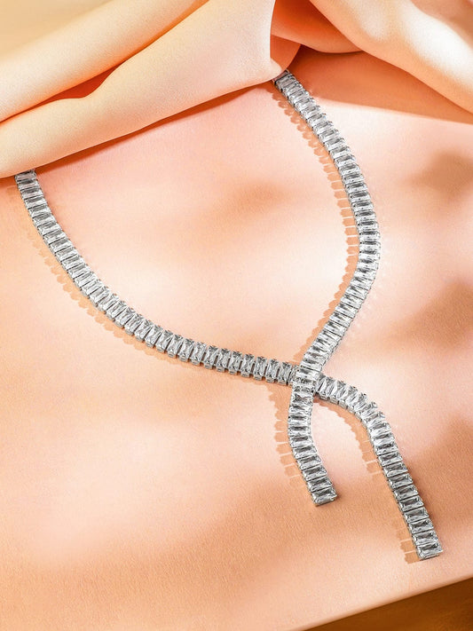 Rubans Voguish Rhodium-Plated Modern Y-Shape Link Chain Necklace with Crystal AD Stones