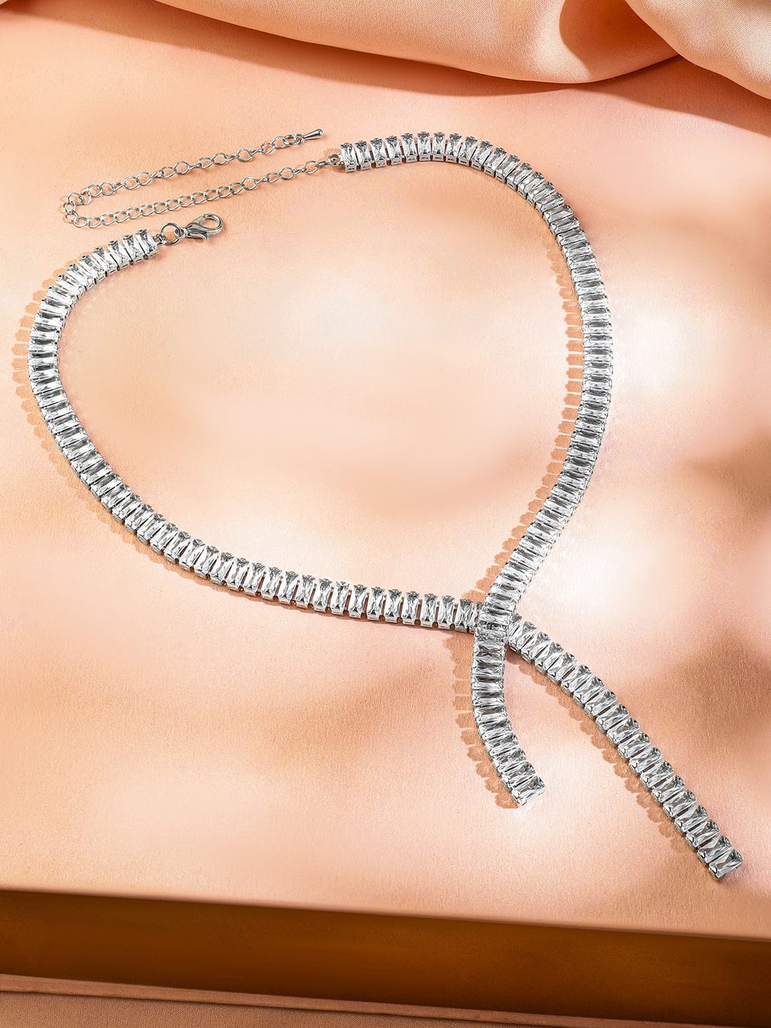 Rubans Voguish Rhodium-Plated Modern Y-Shape Link Chain Necklace with Crystal AD Stones