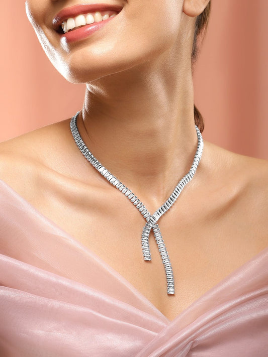 Rubans Voguish Rhodium-Plated Modern Y-Shape Link Chain Necklace with Crystal AD Stones