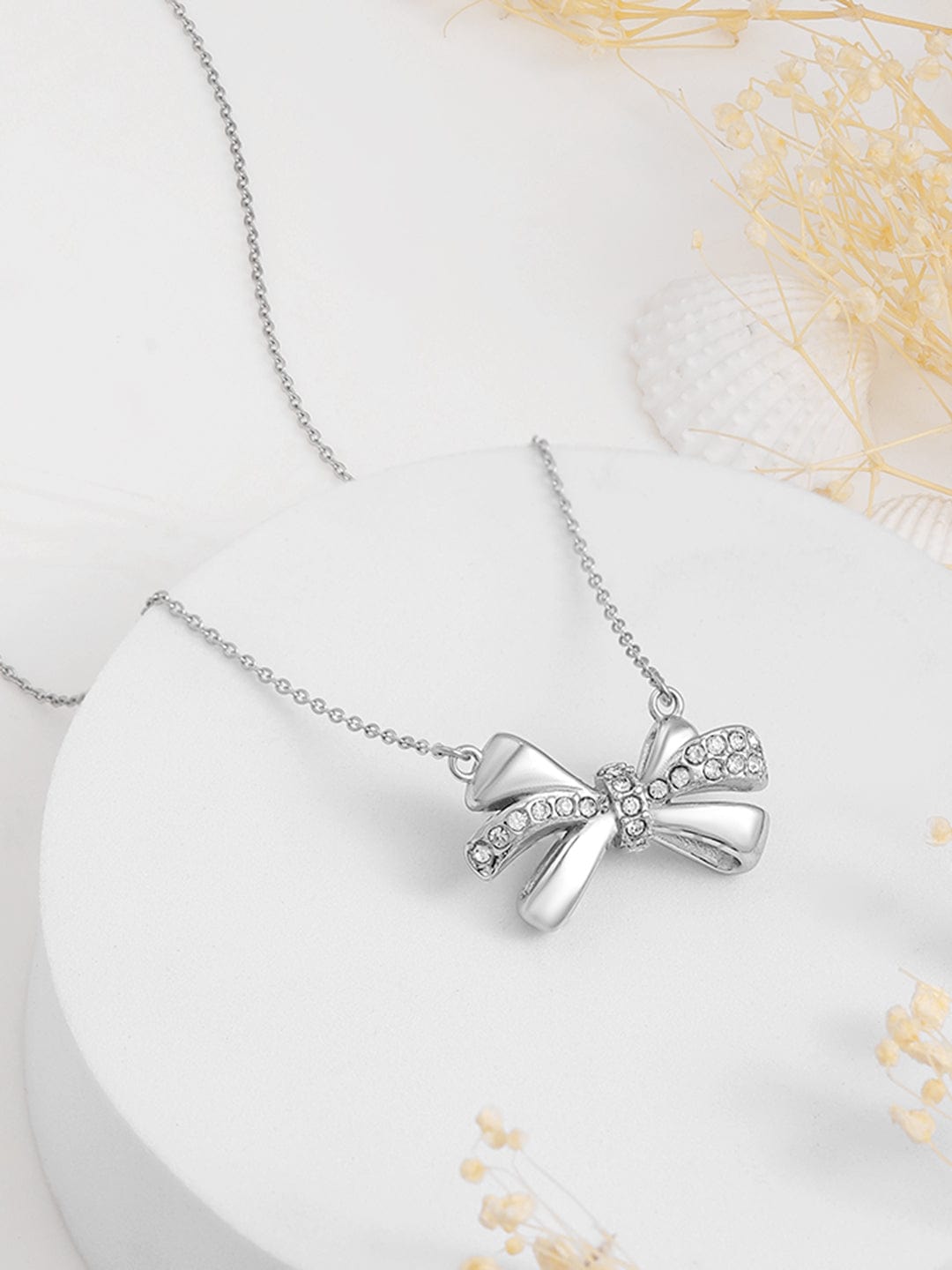 Rubans Voguish Silver Plated Stainless Steel Tarnish-Free Waterproof Bow Pendant Necklace
