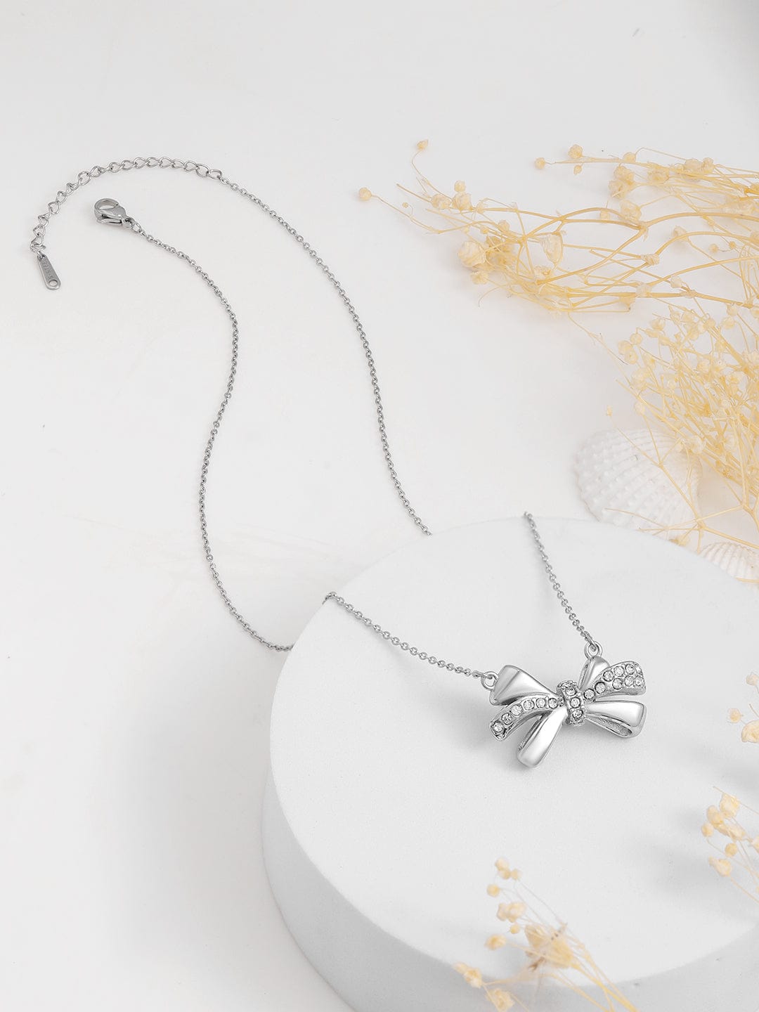 Rubans Voguish Silver Plated Stainless Steel Tarnish-Free Waterproof Bow Pendant Necklace