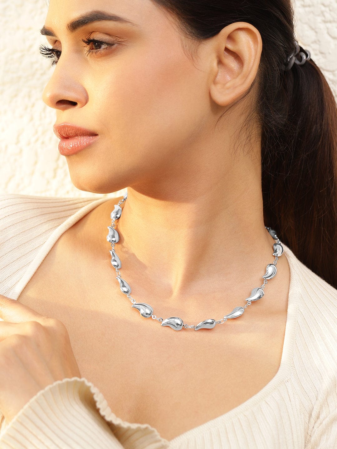 Rubans Voguish Silver Plated Stainless Steel Tarnish-Free Waterproof Tear Drop Motif Statement Necklace