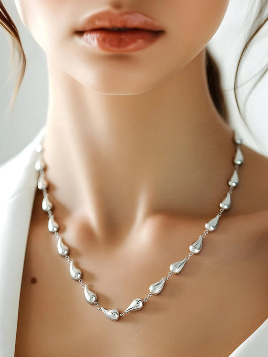 Rubans Voguish Silver Plated Stainless Steel Tarnish-Free Waterproof Tear Drop Motif Statement Necklace