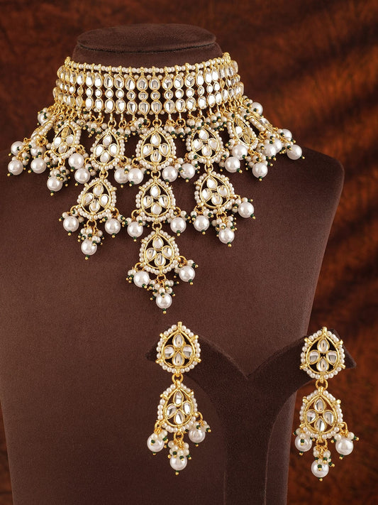 Rubans Women 22K Gold Plated Luxury Kundan Studded White Pear Beaded Choker Necklace Set