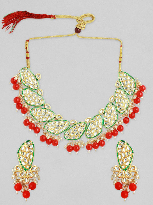 Rubans Women Maroon & Gold-Toned & Plated Kundan Necklace Set