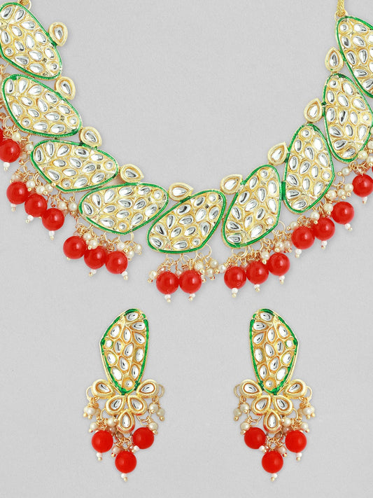 Rubans Women Maroon & Gold-Toned & Plated Kundan Necklace Set