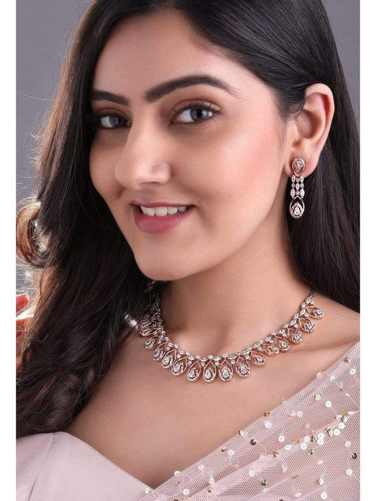 Rubans Zircon Studded Handcrafted Rose Gold Plated Statement Necklace Set