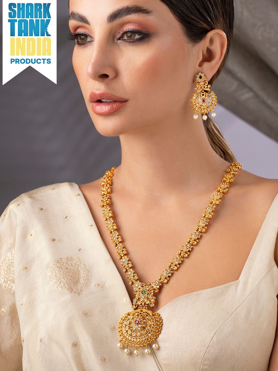 Rubans 24K Gold Plated Ruby, Emerald & Cubic Zirconia Studded Temple Necklace Set with Pearl Beaded