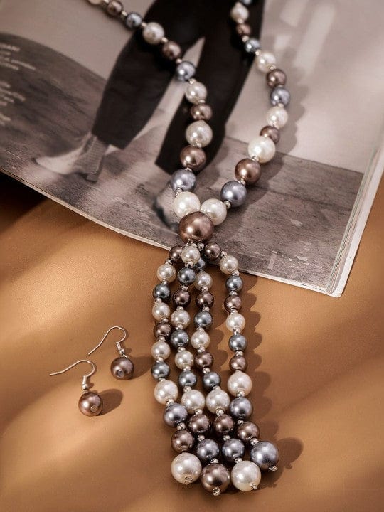 Silver-Plated Multi-Color Beaded Long Multi-Layer Statement Necklace Set