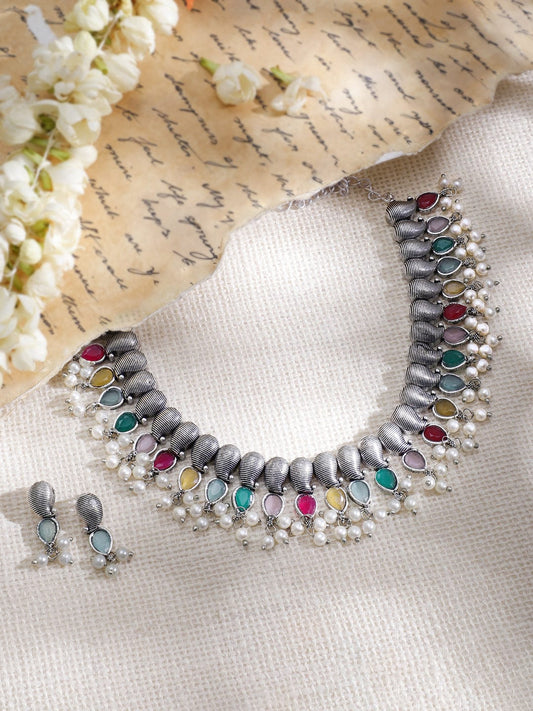 Silver-Plated Oxidised Stone Studded  Beaded Necklace Set