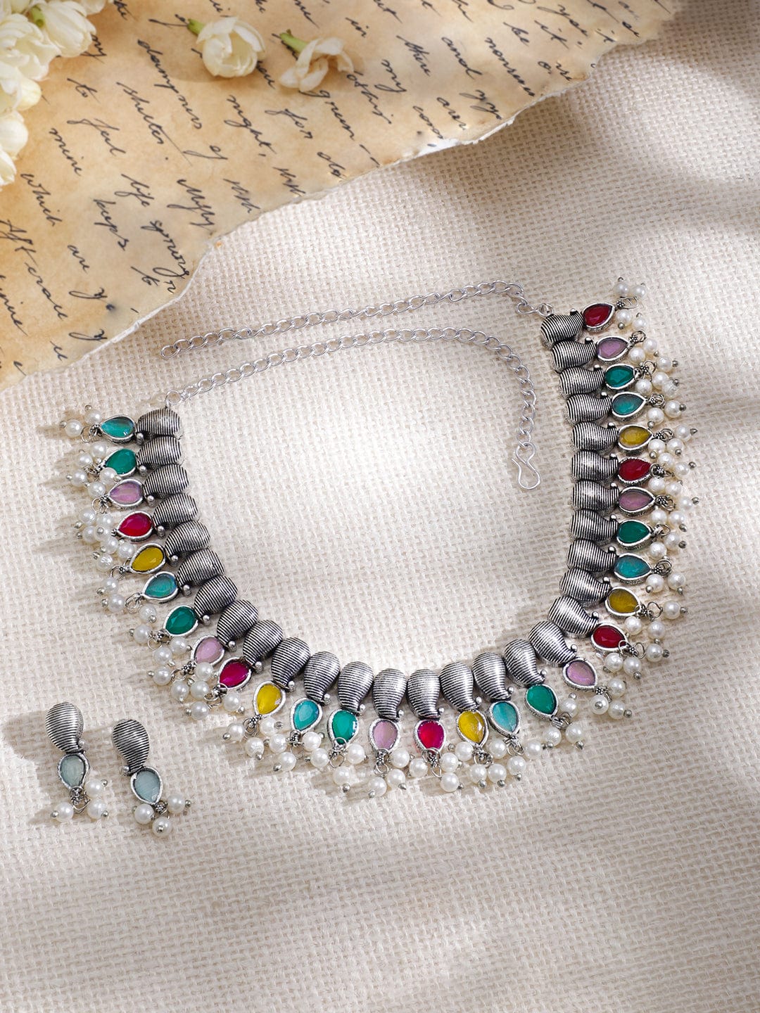 Silver-Plated Oxidised Stone Studded  Beaded Necklace Set