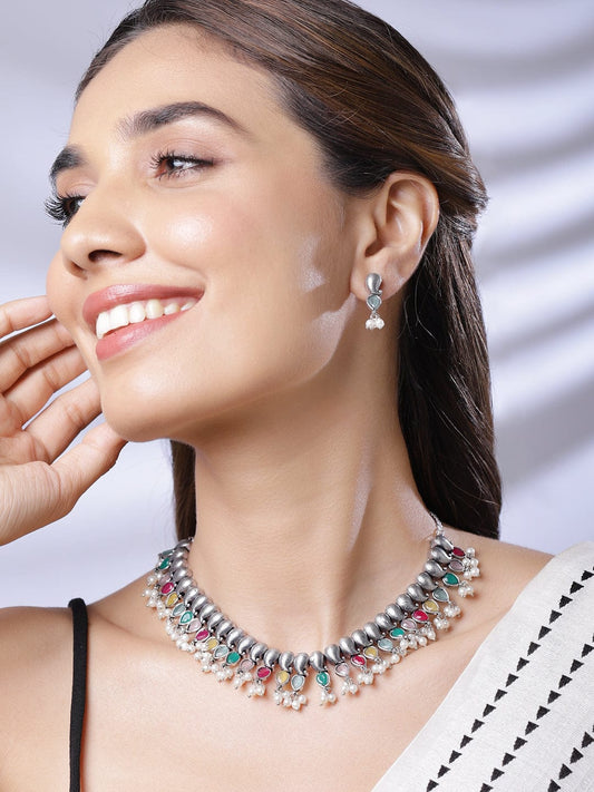 Silver-Plated Oxidised Stone Studded  Beaded Necklace Set