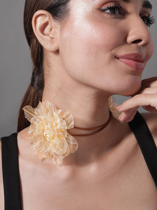 Rubans Stylish Beige Floral Fabric Statement Choker Necklace - Trendy Fashion Accessory