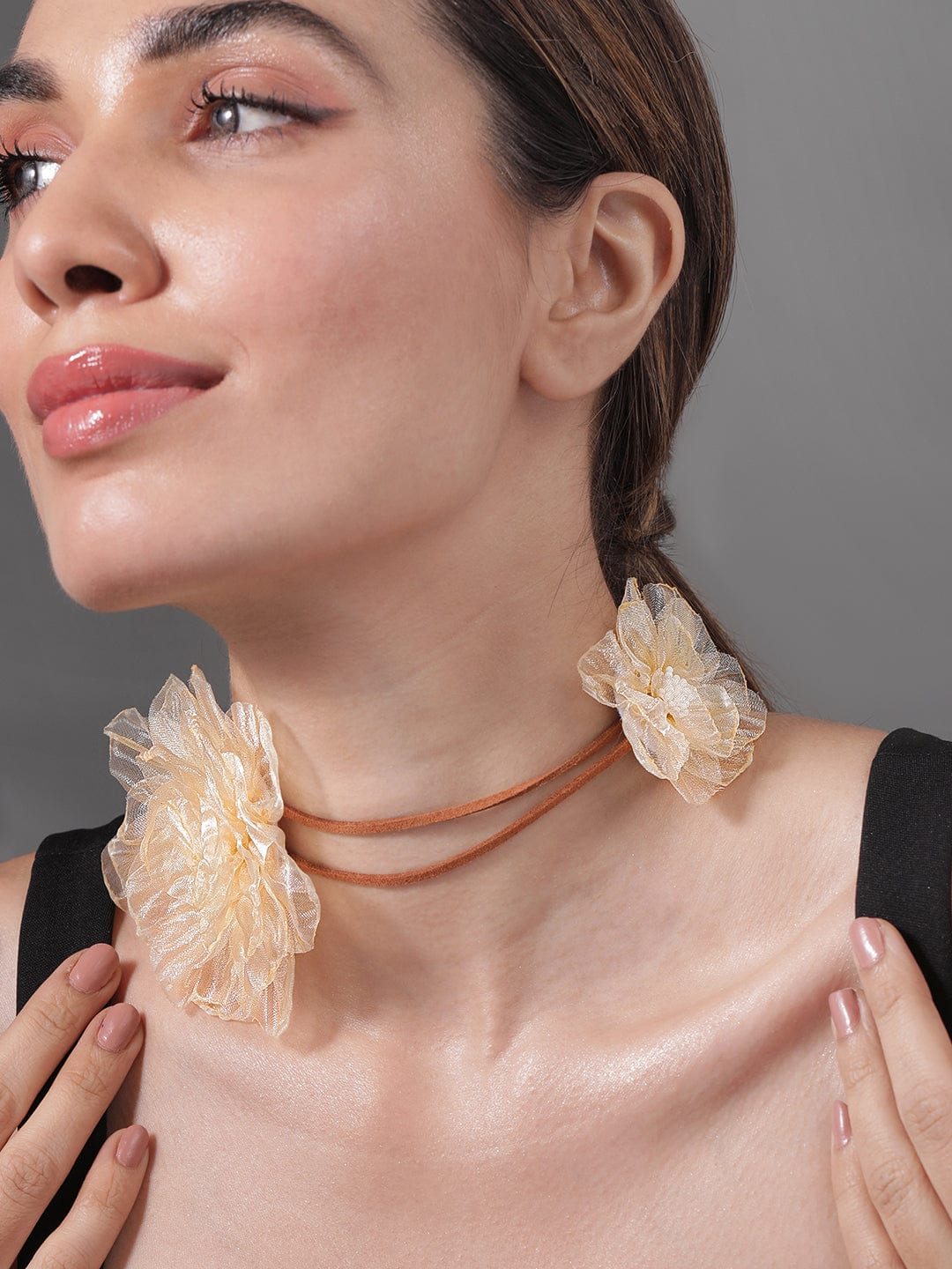 Rubans Stylish Beige Floral Fabric Statement Choker Necklace - Trendy Fashion Accessory