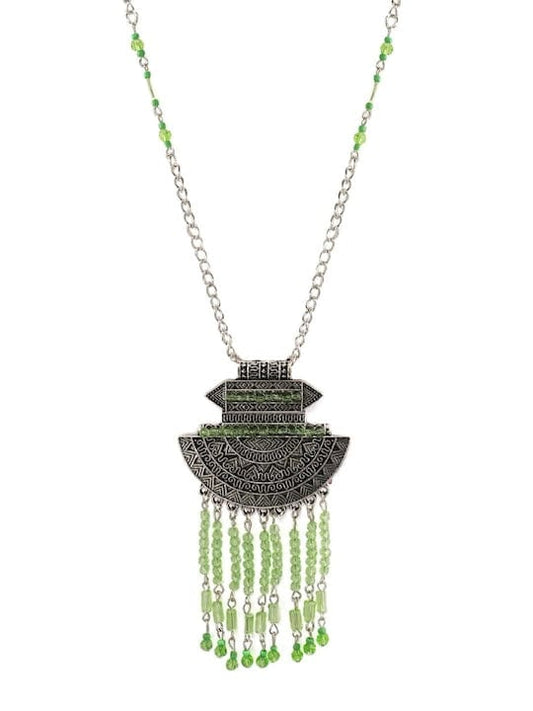 Rubans Oxidized Silver Green Crystal Tassel Necklace