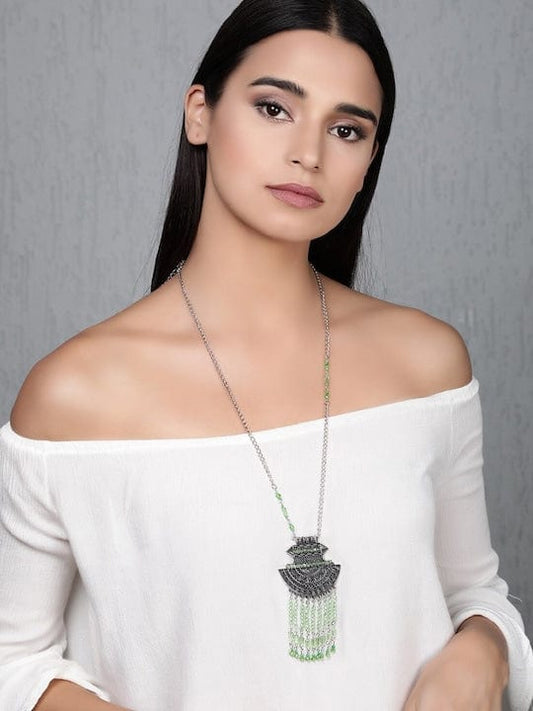 Rubans Oxidized Silver Green Crystal Tassel Necklace