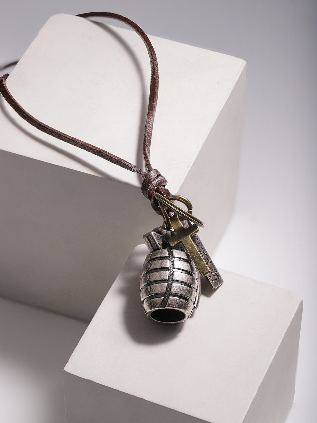Voguish Men Grenade Pendant With Brown Lather Adjustable Necklace.