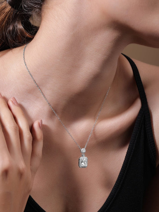 Voguish Rhodium Plated Sparkling AD & Cubic Zirconia Studded Rectangle Pendant Necklace